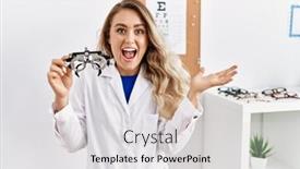  Presentation with hands holding - PPT theme consisting of young-beautiful-optician-woman-holding background and a light gray colored foreground