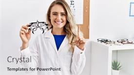  Presentation with optometry - Presentation design consisting of young-beautiful-optician-woman-holding background and a light gray colored foreground