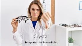  Presentation with optometry - Slide set enhanced with young-beautiful-optician-woman-holding background and a light gray colored foreground