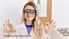  Presentation with optometry - PPT theme enhanced with young-beautiful-optician-woman-wearing background and a lemonade colored foreground