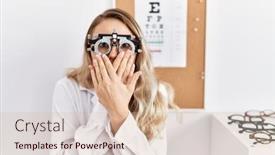  Presentation with optometry - Presentation theme with young-beautiful-optician-woman-wearing background and a lemonade colored foreground