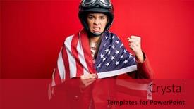  Presentation with patriotic - Audience pleasing slide deck consisting of young-beautiful-patriotic-motorcyclist-woman backdrop and a crimson colored foreground