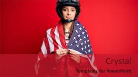  Presentation with patriotic - Colorful PPT layouts enhanced with young-beautiful-patriotic-motorcyclist-woman backdrop and a crimson colored foreground