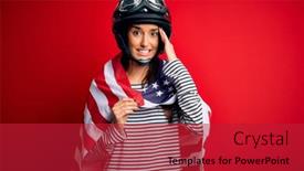  Presentation with moto - Theme with young-beautiful-patriotic-motorcyclist-woman background and a crimson colored foreground