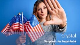  Presentation with united states - Audience pleasing slide deck consisting of young-beautiful-patriotic-woman-holding backdrop and a teal colored foreground