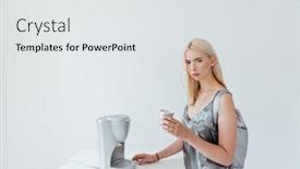  Presentation with silver cup - Amazing slide set having young beautiful pensive girl wearing backpack and silver dress holding cup while standing at the table isolated on the grey background backdrop and a white colored foreground