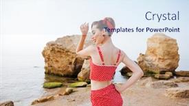  Presentation with beautiful young girl red - Slide deck with young beautiful pin up girl in red swimsuit posing while standing at the beach background and a sky blue colored foreground