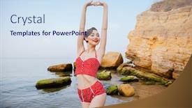  Presentation with beautiful young girl red - PPT layouts having young beautiful pin up girl in red swimsuit posing with her hands up while standing at the beach background and a sky blue colored foreground