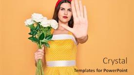  Presentation with hand holding flowers - Amazing theme having young-beautiful-pin-up-woman backdrop and a yellow colored foreground