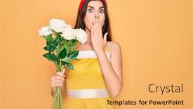  Presentation with hand holding flowers - Presentation consisting of young-beautiful-pin-up-woman background and a yellow colored foreground