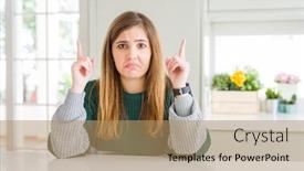  Presentation with depressed - Colorful presentation theme enhanced with young beautiful plus size woman wearing casual striped sweater pointing up looking sad and upset indicating direction with fingers unhappy and depressed backdrop and a coral colored foreground