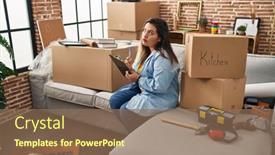  Presentation with new home - PPT theme consisting of young-beautiful-plus-size-woman background and a violet colored foreground