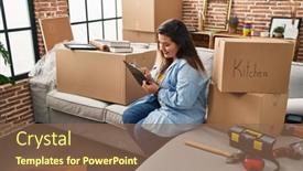  Presentation with new home - PPT theme having young-beautiful-plus-size-woman background and a violet colored foreground