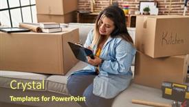  Presentation with new home - Presentation theme enhanced with young-beautiful-plus-size-woman background and a violet colored foreground