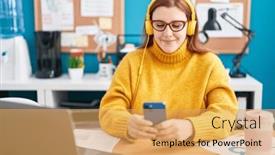  Presentation with music business - PPT theme featuring young-beautiful-plus-size-woman background and a yellow colored foreground