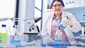  Presentation with test tube laboratory - Theme enhanced with young-beautiful-plus-size-woman background and a  colored foreground
