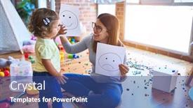  Presentation with emotions - Beautiful slide set featuring game development - young beautiful psicologist and toddler backdrop and a ocean colored foreground