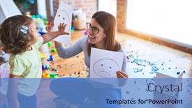  Presentation with kindergarten - Colorful slide set enhanced with young beautiful psicologist and toddler doing therapy using emoji emotions at kindergarten backdrop and a teal colored foreground