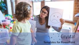  Presentation with emotions - Beautiful slide set featuring young-beautiful-psicologist-and-toddler backdrop and a teal colored foreground