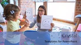  Presentation with emotions - Beautiful slide deck featuring young-beautiful-psicologist-and-toddler backdrop and a teal colored foreground