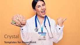  Presentation with psychiatrist - PPT layouts enhanced with young-beautiful-psychiatrist-woman-wearing background and a coral colored foreground