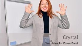  Presentation with magnetic - Amazing slide deck having young-beautiful-redhead-businesswoman-doing backdrop and a light gray colored foreground