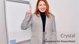  Presentation with magnetic - Audience pleasing slide set consisting of young-beautiful-redhead-businesswoman-doing backdrop and a light gray colored foreground