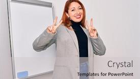  Presentation with magnetic - Presentation design having young-beautiful-redhead-businesswoman-doing background and a light gray colored foreground