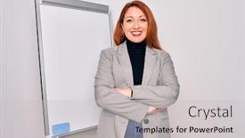  Presentation with magnetic - Presentation theme enhanced with young-beautiful-redhead-businesswoman-doing background and a light gray colored foreground