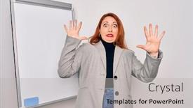  Presentation with magnetic - Theme featuring young-beautiful-redhead-businesswoman-doing background and a light gray colored foreground