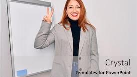  Presentation with magnetic - PPT theme having young-beautiful-redhead-businesswoman-doing background and a light gray colored foreground