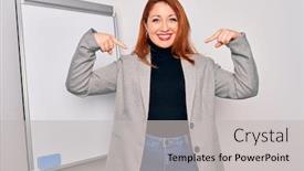  Presentation with magnetic - Slide set with young-beautiful-redhead-businesswoman-doing background and a light gray colored foreground