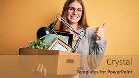  Presentation with fingers - Beautiful presentation design featuring young-beautiful-redhead-businesswoman-fired backdrop and a yellow colored foreground