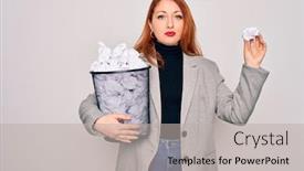  Presentation with bin - PPT layouts consisting of young-beautiful-redhead-businesswoman-holding background and a light gray colored foreground