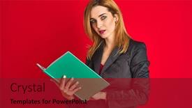  Presentation with reading - Cool new PPT layouts with young beautiful redhead businesswoman wearing suit reading book backdrop and a crimson colored foreground