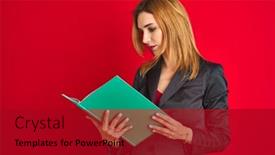  Presentation with reading - Colorful slide set enhanced with young beautiful redhead businesswoman wearing suit reading book backdrop and a crimson colored foreground