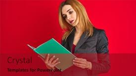  Presentation with reading - Beautiful presentation design featuring young beautiful redhead businesswoman wearing suit reading book backdrop and a crimson colored foreground