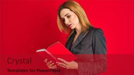  Presentation with reading - Beautiful PPT layouts featuring young-beautiful-redhead-businesswoman-wearing backdrop and a crimson colored foreground