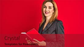  Presentation with reading - PPT layouts featuring young-beautiful-redhead-businesswoman-wearing background and a crimson colored foreground