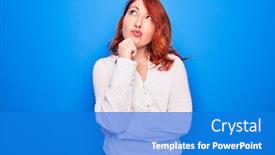  Presentation with thinking - Beautiful PPT theme featuring young-beautiful-redhead-businesswoman-wearing backdrop and a cobalt blue colored foreground