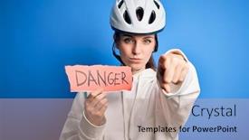  Presentation with danger - Slide set with young-beautiful-redhead-cyclist-woman background and a coral colored foreground