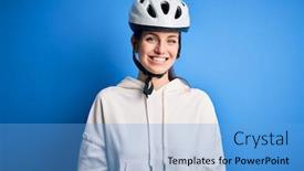 Presentation with cyclist - Colorful presentation enhanced with young-beautiful-redhead-cyclist-woman backdrop and a light blue colored foreground