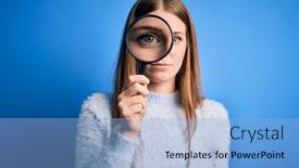  Presentation with detective magnifying glass - Slides with young-beautiful-redhead-detective-woman background and a light blue colored foreground