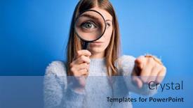  Presentation with detective magnifying glass - Colorful slide deck enhanced with young-beautiful-redhead-detective-woman backdrop and a teal colored foreground