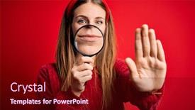  Presentation with detective magnifying glass - Presentation theme consisting of young-beautiful-redhead-detective-woman background and a wine colored foreground