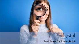  Presentation with detective magnifying glass - Audience pleasing PPT theme consisting of young-beautiful-redhead-detective-woman backdrop and a light blue colored foreground