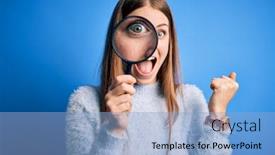  Presentation with detective magnifying glass - Beautiful presentation theme featuring young-beautiful-redhead-detective-woman backdrop and a light blue colored foreground