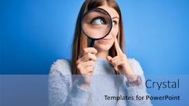  Presentation with detective magnifying glass - Slide deck with young-beautiful-redhead-detective-woman background and a light blue colored foreground