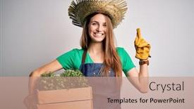  Presentation with apron - PPT theme featuring young-beautiful-redhead-farmer-woman background and a coral colored foreground