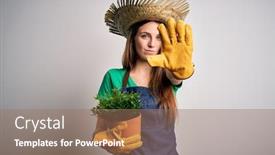  Presentation with hand holding plant - Slides enhanced with young-beautiful-redhead-farmer-woman background and a coral colored foreground